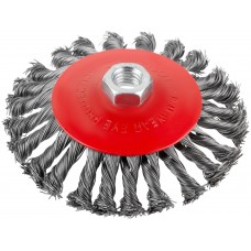 Корщетка-колесо с наклоном, гайка М14, стальная витая проволока 125 мм, блистер (39089)