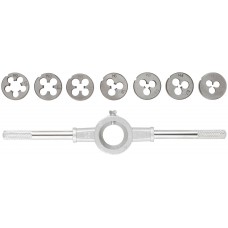 Плашки метрические, легированная сталь Профи 8 шт. М3-М12, плашкодержатель, блистер (70803)