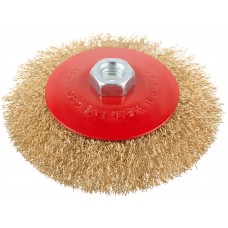Корщетка-колесо с наклоном, гайка М14, стальная волнистая латунированная проволока 125 мм (39023)