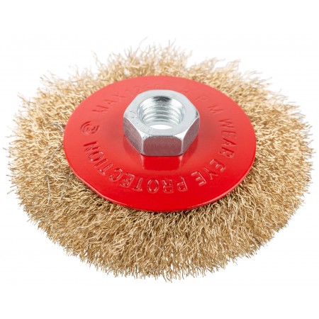 Корщетка-колесо с наклоном, гайка М14, стальная латунированная волнистая проволока 100 мм, блистер (39083)
