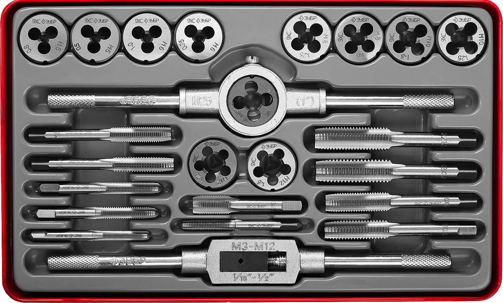 Набор метчиков и плашек 24 предм. сталь 9ХС ЗУБР 28116-H24