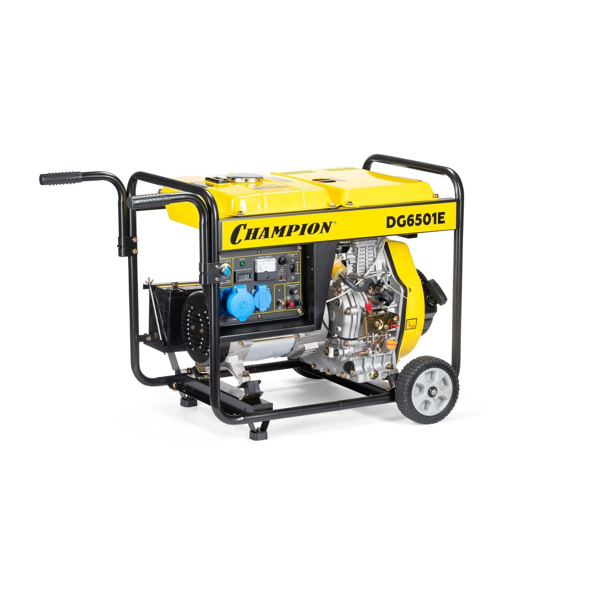 Генератор диз. CHAMPION DG6501E (5/5,5кВт 8,9лс 12,5л 12V 99кг эл.стартер, колеса, счетчик) (DG6501E)