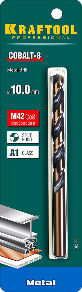 Сверло по металлу 10.0 х 133 мм сталь М42, HSS-Co(8%) COBALT-8 KRAFTOOL 29656-10