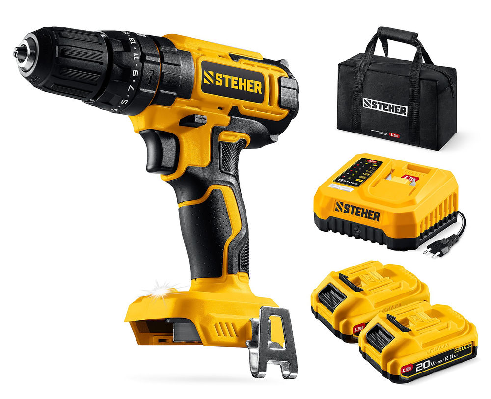 Дрель-шуруповерт ударная 20 В, 40 Н·м, 2 АКБ LMS (2 А·ч), сумка STEHER CDS-40-22