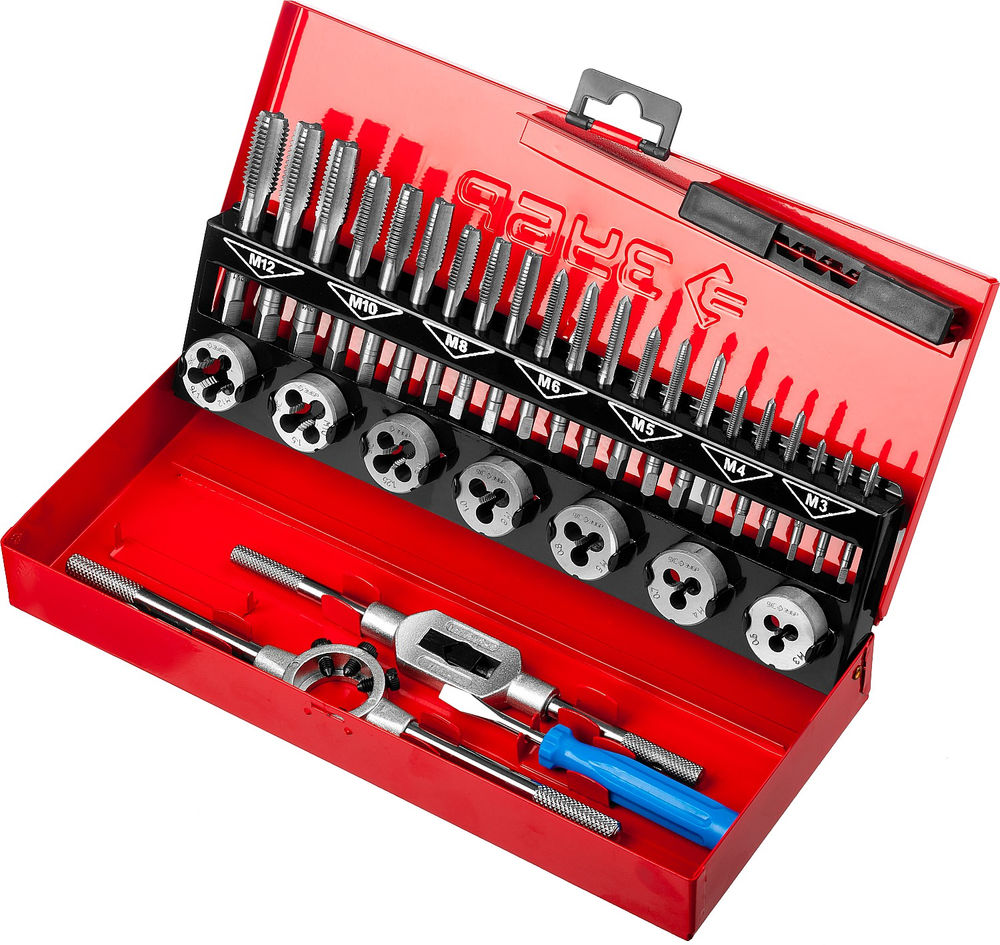 Набор метчиков и плашек 32 предмета сталь 9ХС ЗУБР 28129-H32