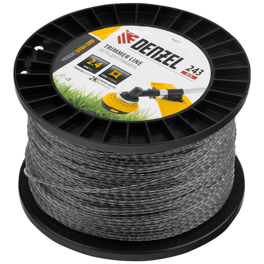 Леска для триммера двухкомпонентная витой квадрат, 2,4мм х 243м, на DIN катушке EXTRA CORD Denzel (96823)