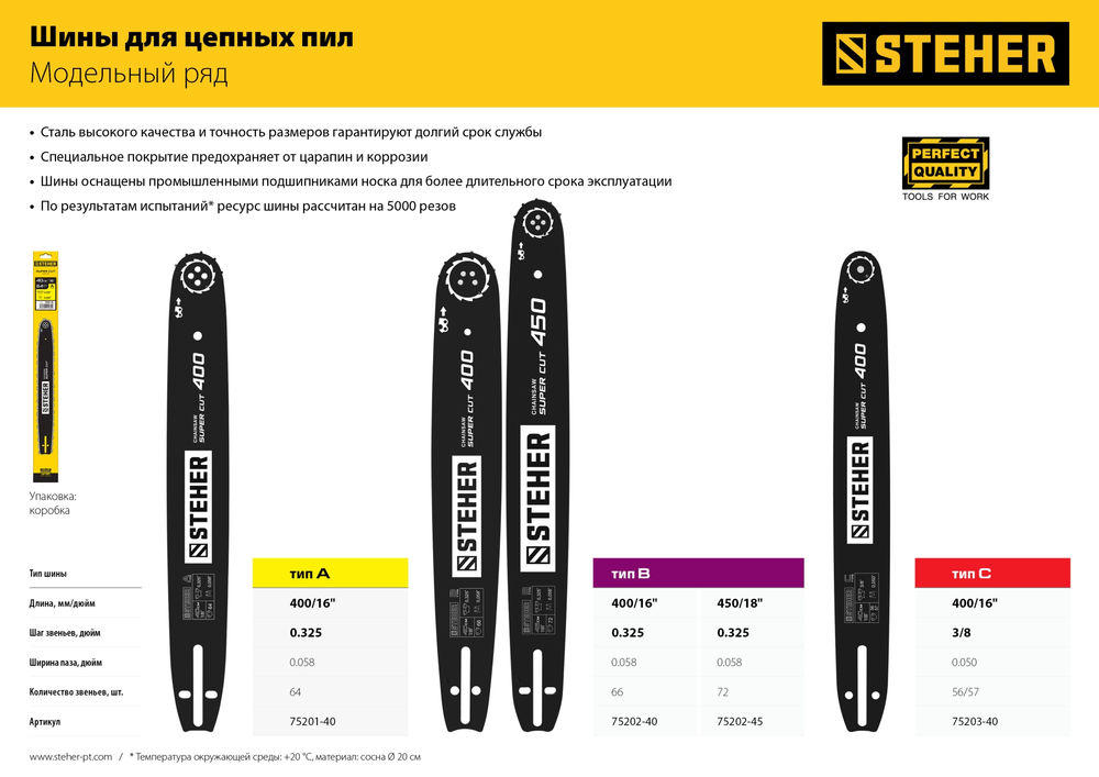 Шина для бензопил type B STEHER шаг 0.325 паз 1.5 мм 45 см 75202-45  