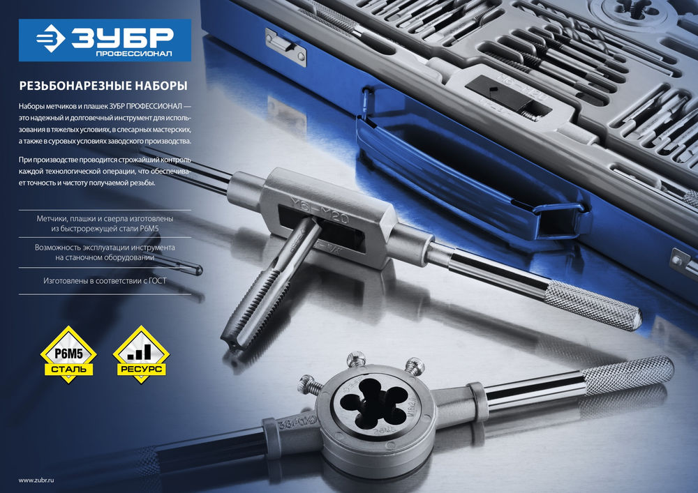 Набор метчиков и плашек 24 предмета сталь Р6М5 Профессионал ЗУБР 28110-H24