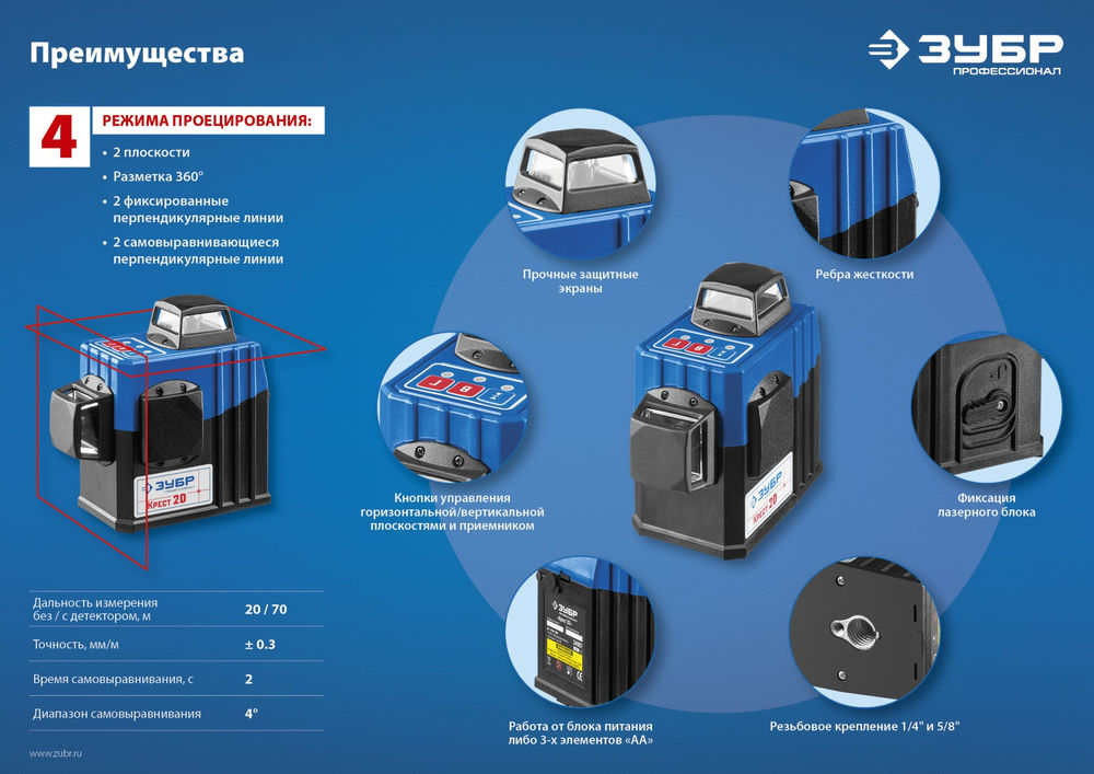 Лазерный нивелир КРЕСТ 2D, 20 - 70 м ЗУБР Профессионал 34907