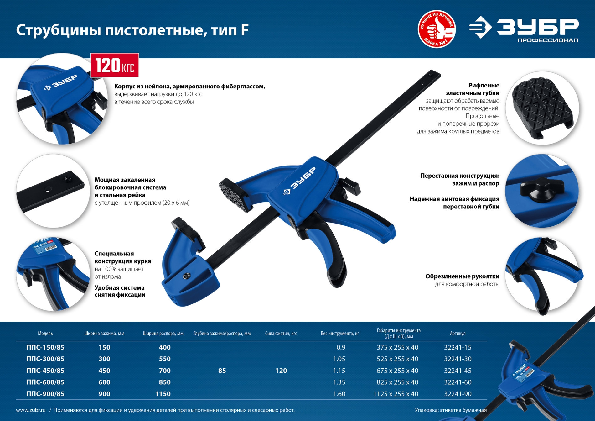ЗУБР ППС-900/85, 900 х 85 мм, пистолетная струбцина, Профессионал (32241-90)