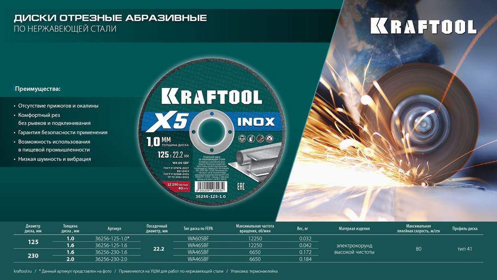 Отрезной диск для УШМ X5 INOX, 230x2.0 мм, по нерж. стали KRAFTOOL 36256-230-2.0