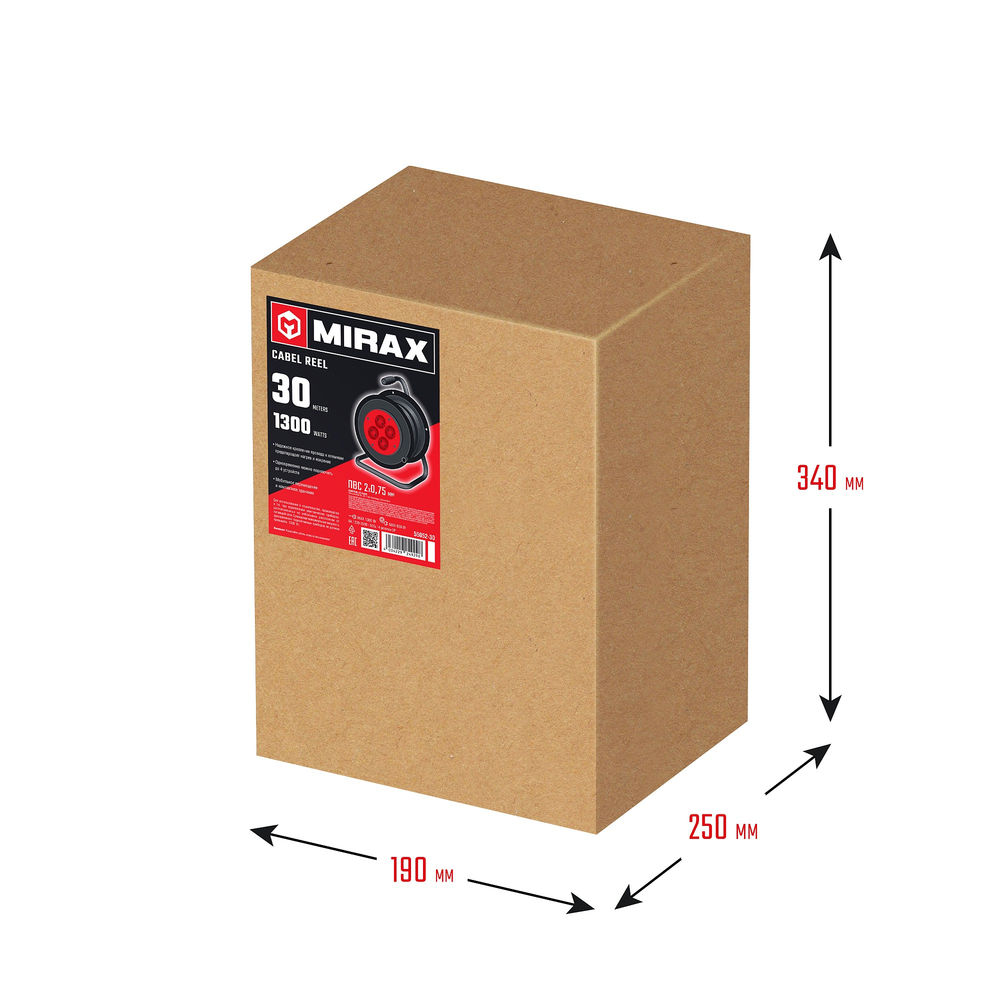 Удлинитель на катушке 2 х 0.75 мм? 30 м ПВС 1300 Вт MIRAX 55052-30