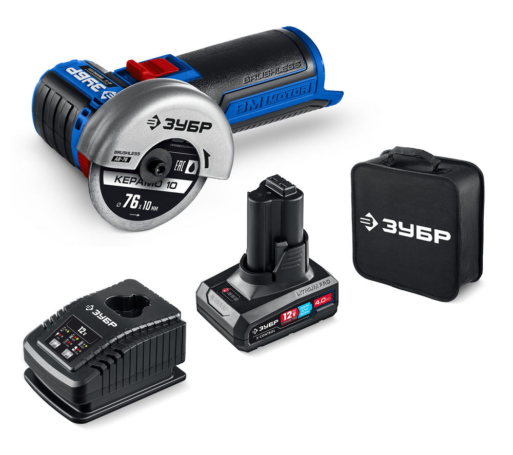 УШМ бесщеточная 12 В D76 мм 1 АКБ тип Т7 4 А·ч сумка Профессионал ЗУБР AB-76-41