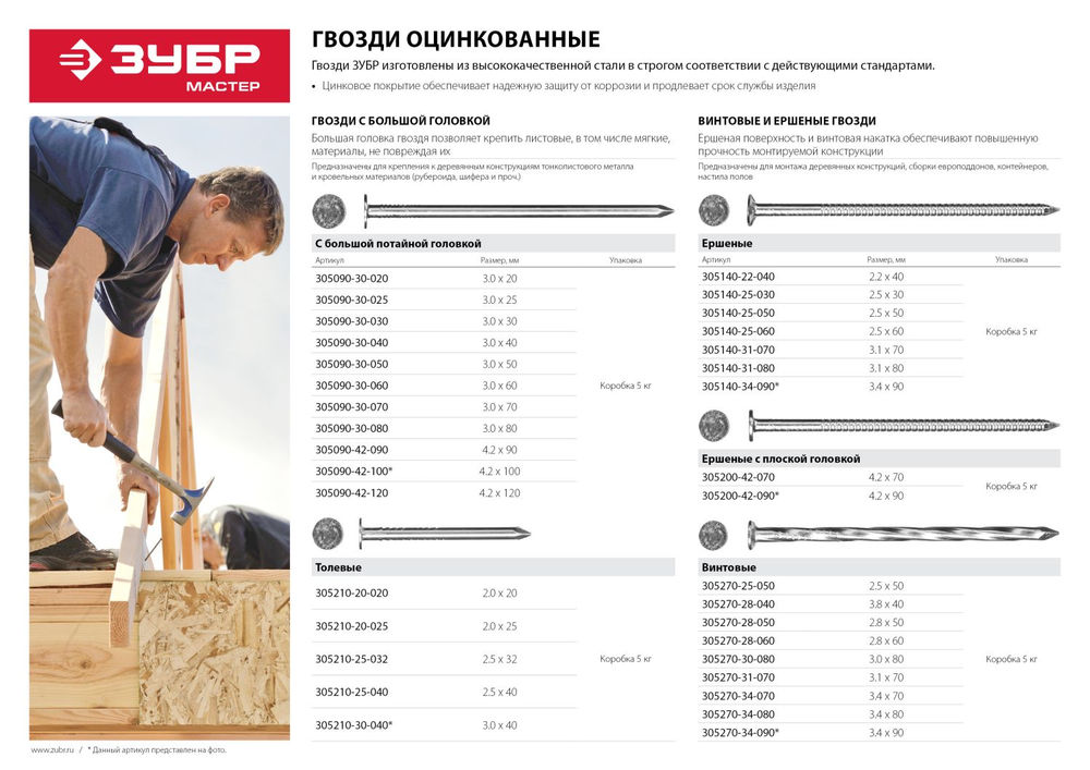 Гвозди 25?3 мм с большой потайной головкой цинк 5 кг ЗУБР 305090-30-025