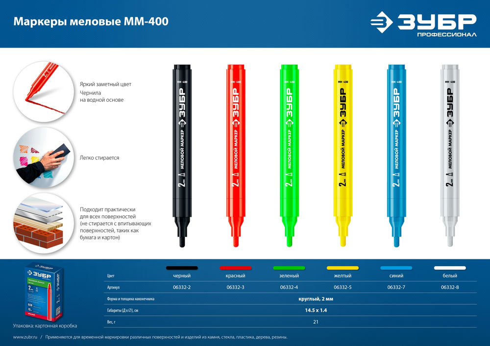Меловой маркер ММ-400 зеленый, 2 мм ЗУБР 06332-4
