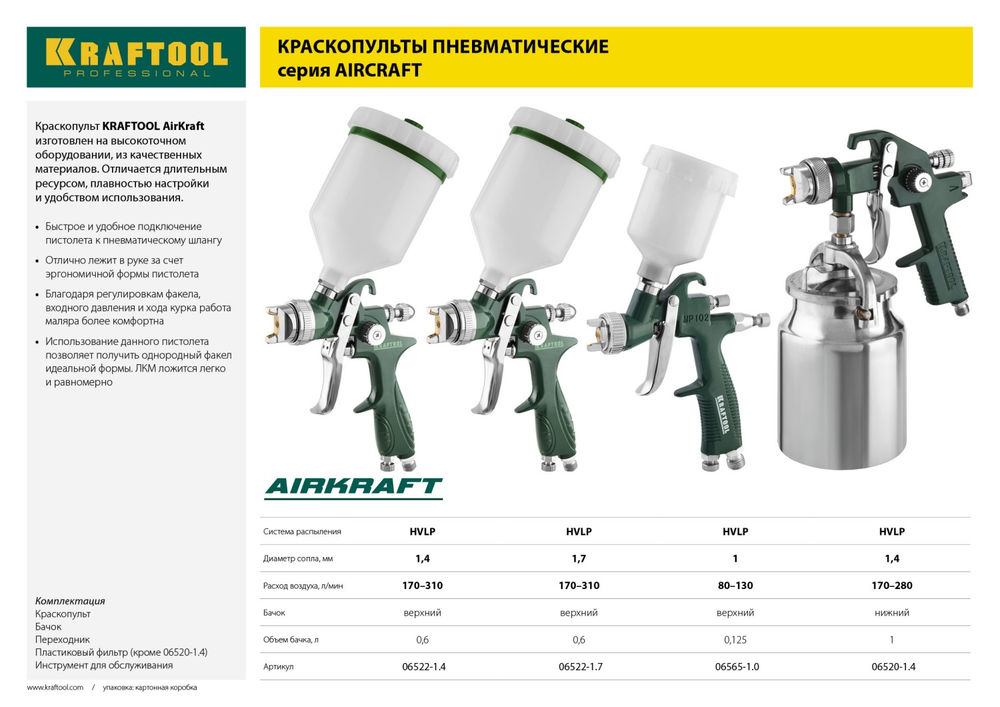 Пневматический краскопульт с верхним бачком AirKraft, HVLP, 1.7 мм KRAFTOOL 06522-1.7