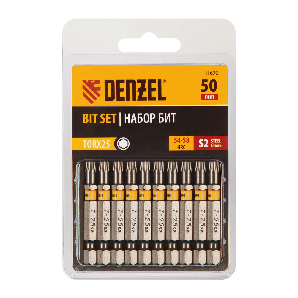 Бита TX 25х50, сталь S2, шестигранный профиль, 10 шт. Е 6,3 Denzel (11670)