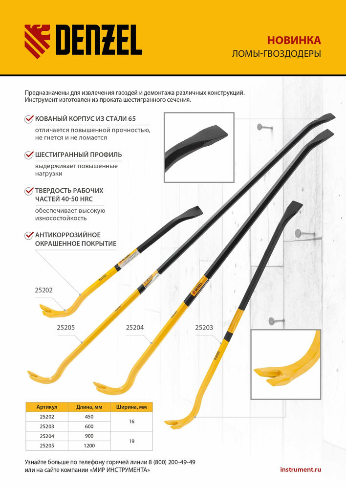 Лом-гвоздодер, 900 мм, шестигранный 19 мм, окрашенный, сталь 65 Denzel