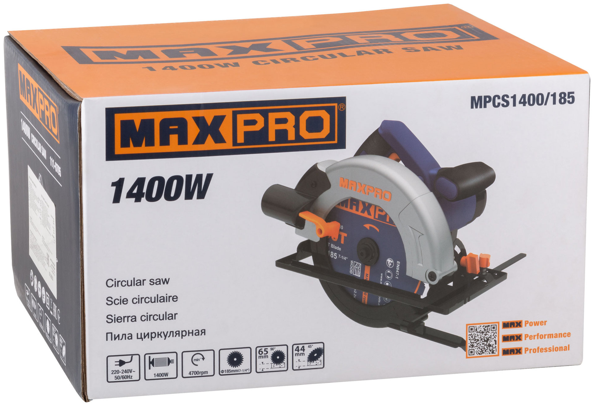 Пила циркулярная, 1400 Вт, 185/20 мм, 4700 об/мин, 4,3 кг, коробка, MAX-PRO, 85190