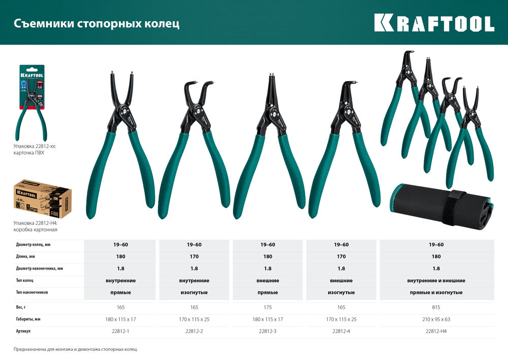 Съемник стопорных колец 180 мм, прямые губки, внутренний KRAFTOOL 22812-1
