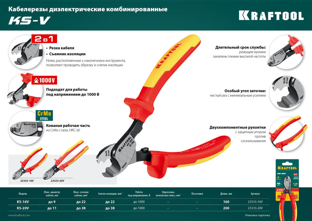 Диэлектрический кабелерез KS-20V, 1000 В, d 11 мм, 200 мм KRAFTOOL 23333-20V