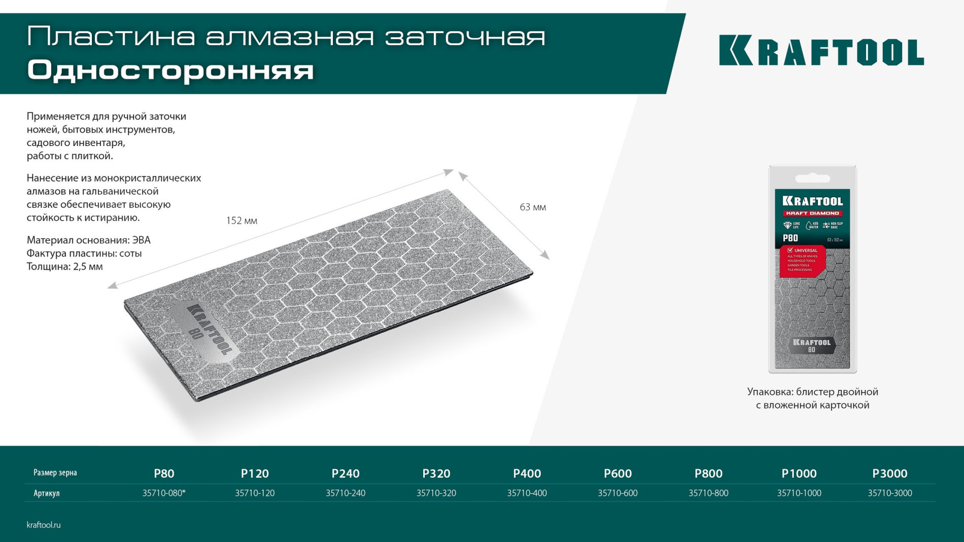 Пластина алмазная заточная 63?152 мм Р1000 DIAMOND KRAFTOOL 35710-1000