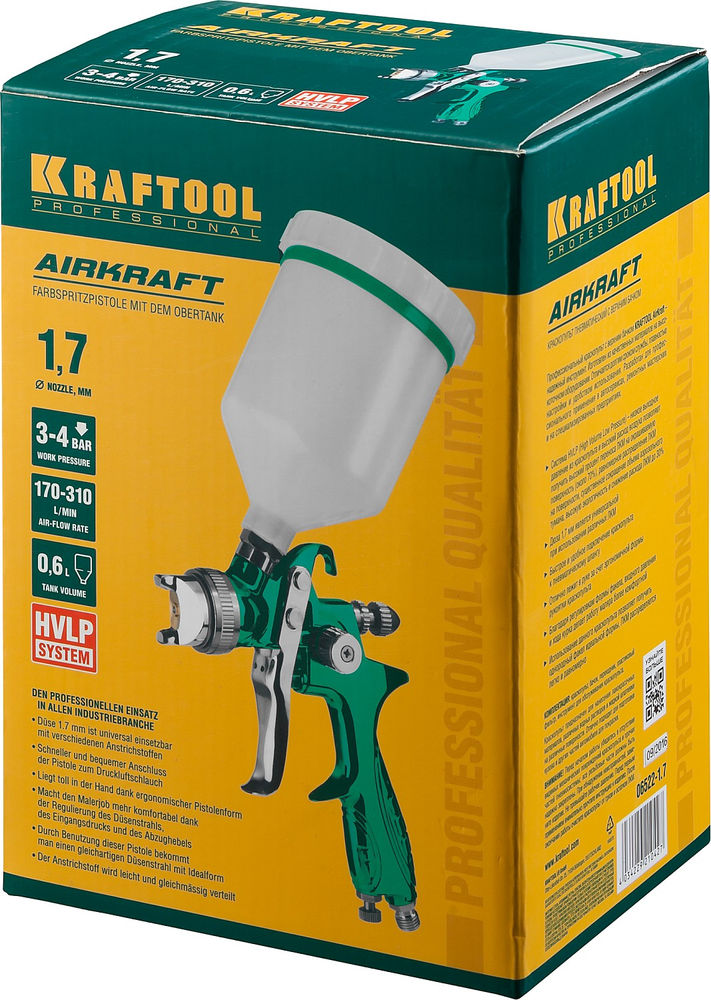Пневматический краскопульт с верхним бачком AirKraft, HVLP, 1.7 мм KRAFTOOL 06522-1.7