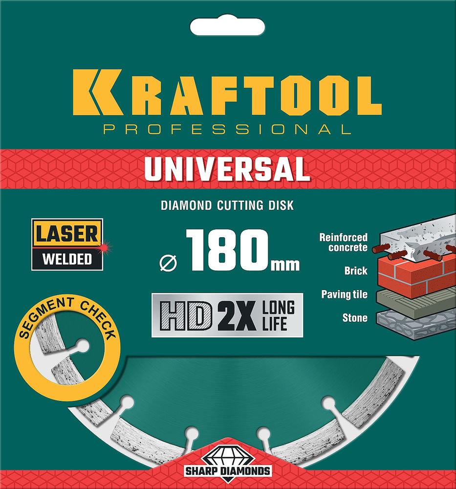 Алмазный диск LASER-UNIVERSAL, 180 мм (22.2 мм, 10?2.6 мм) KRAFTOOL 36680-180