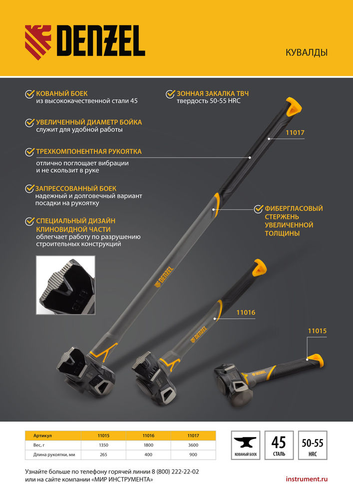 Кувалда с клиновидным бойком 3,6 кг, фибергласовая рукоятка c TPR Denzel