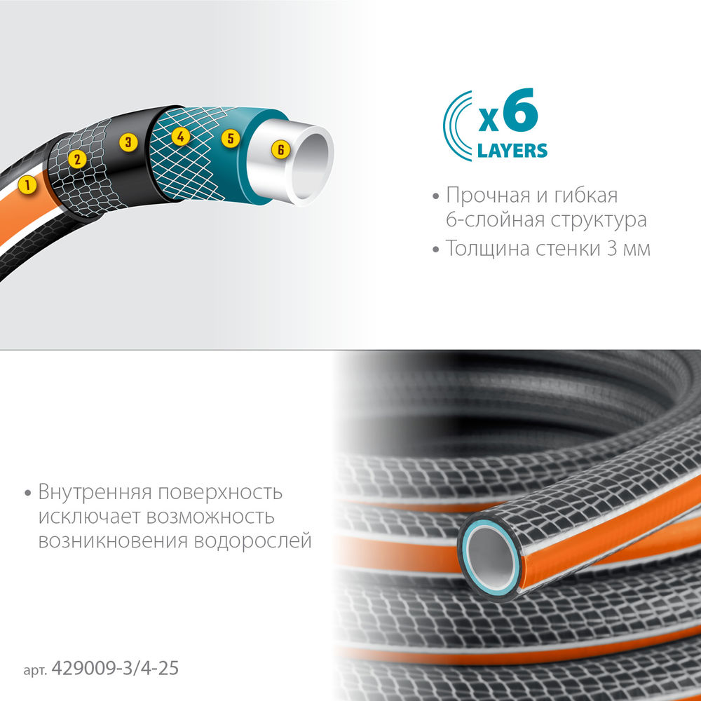 Поливочный шланг ULTRA 6, 3/4, 25 м, 25 атм, шестислойный, двойное армирование, PROLine GRINDA 429009-3/4-25
