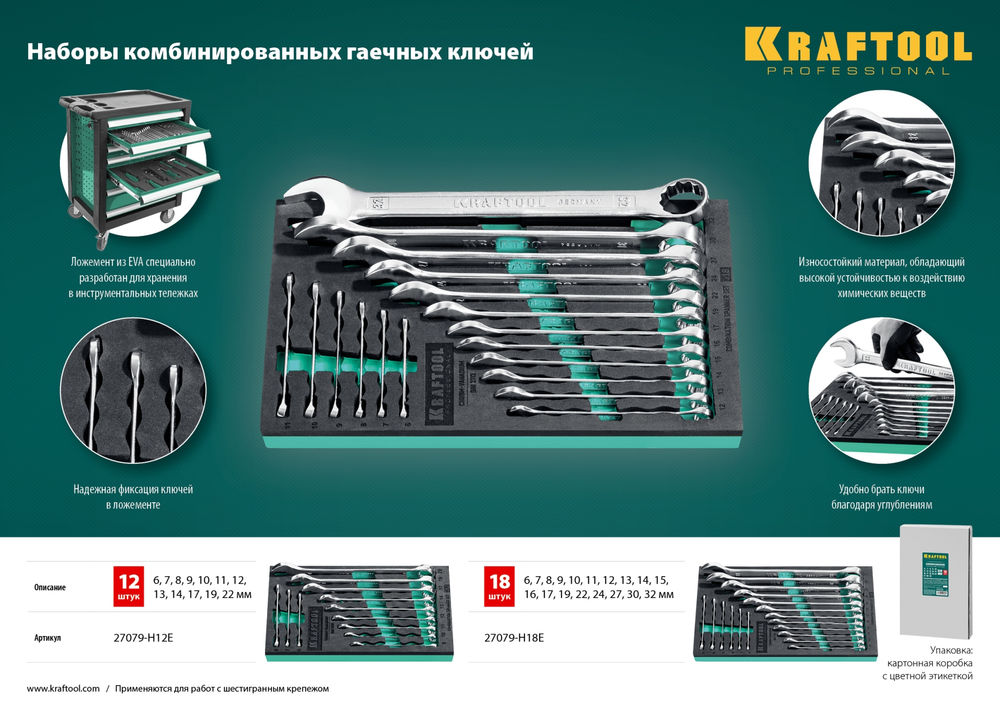 Набор ключей гаечных комбинированных 6 - 32 мм, 18 шт KRAFTOOL 27079-H18E