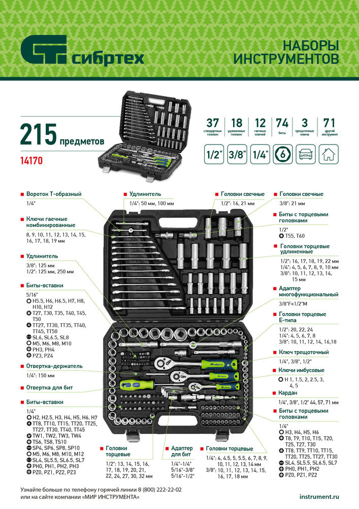 Набор инструментов, 1/2, 3/8, 1/4, пластиковый кейс 215 предм. Сибртех