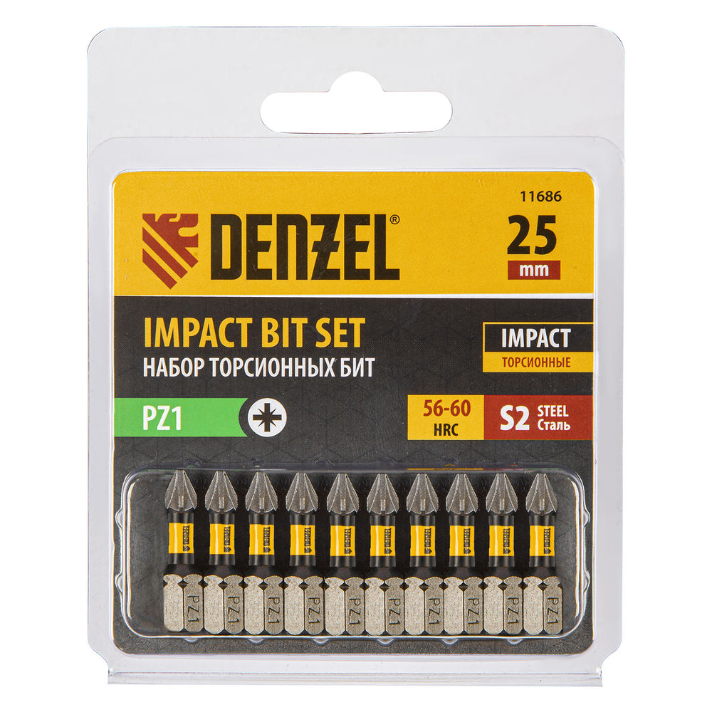Бита IMPACT, PZ1x25 мм, лазерная обработка шлица, сталь S2, 10 шт., Е 6,3 Denzel (11686)