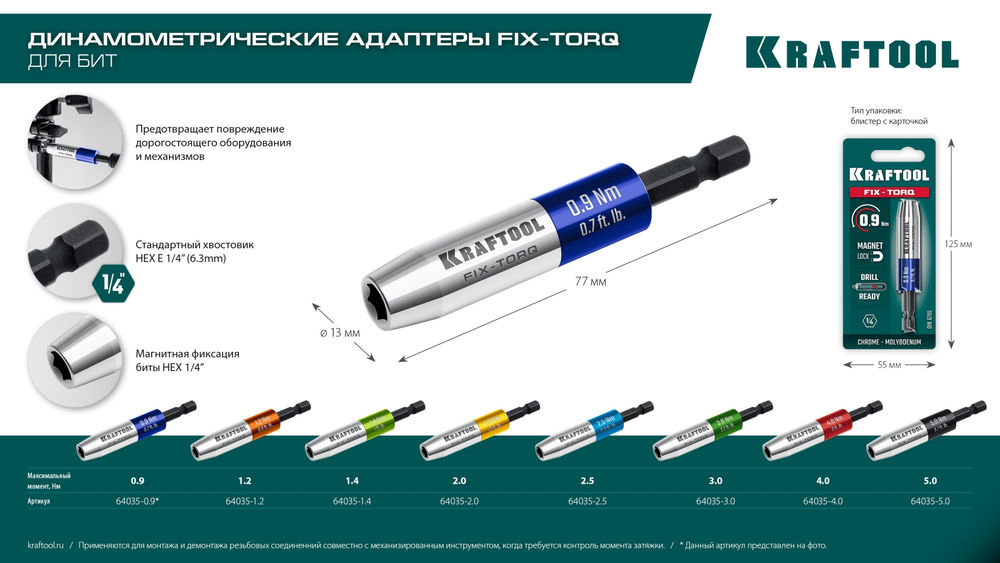 Динамометрический адаптер для бит FIX-TORQ, 2.5 Нм KRAFTOOL 64035-2.5