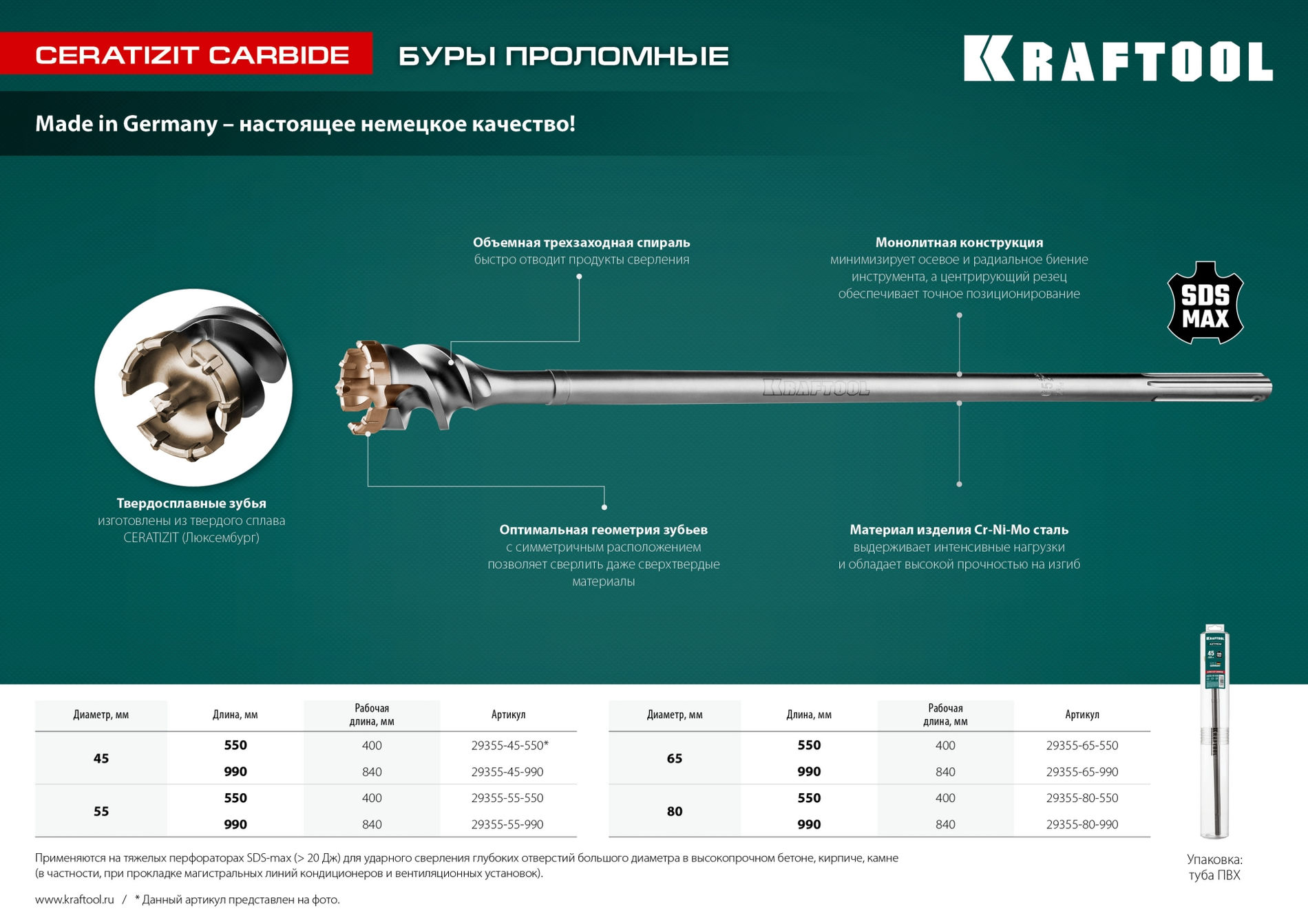 KRAFTOOL d 65 х 450/550 мм, SDS-max проломной бур (29355-65-550)