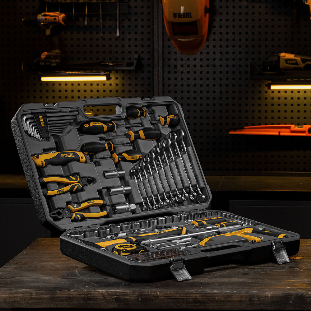 Набор инструментов, 1/2, 1/4, CrV, S2, пластиковый кейс, 100 предметов Denzel