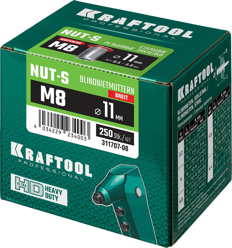 Резьбовые заклепки стальные с насечками Nut-S, М8, 250 шт KRAFTOOL 311707-08