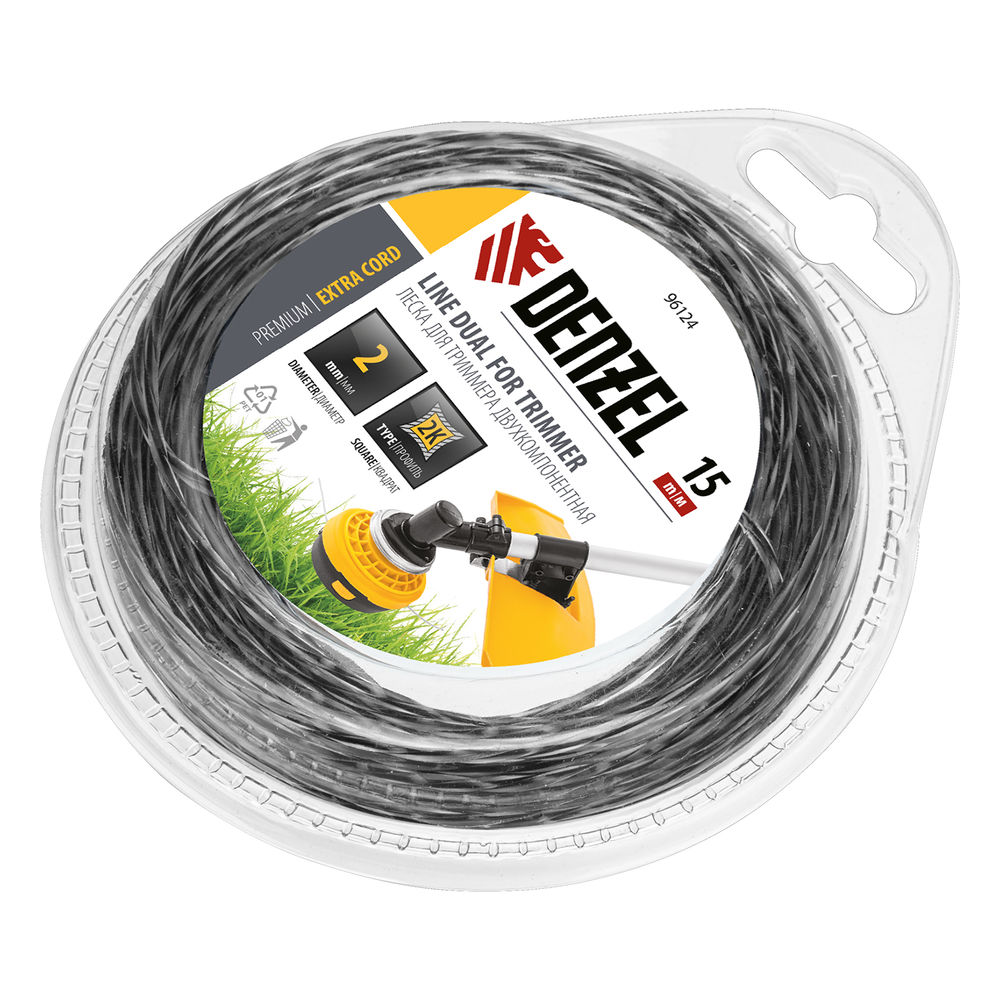 Леска для триммера, двухкомпонентная квадрат 2 мм, 15 м Extra cord Denzel (96124)