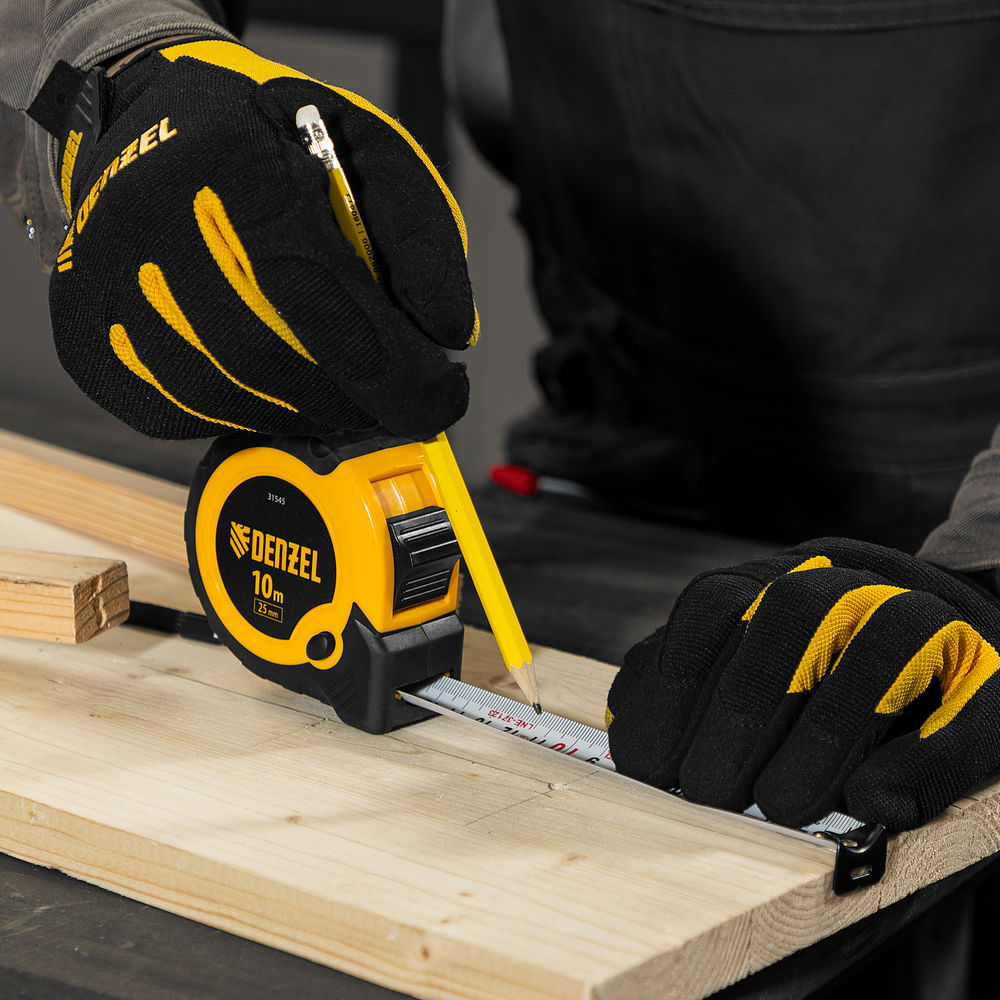 Рулетка 10м х 25мм, двухкомп. корпус, кнопка-пауза Denzel