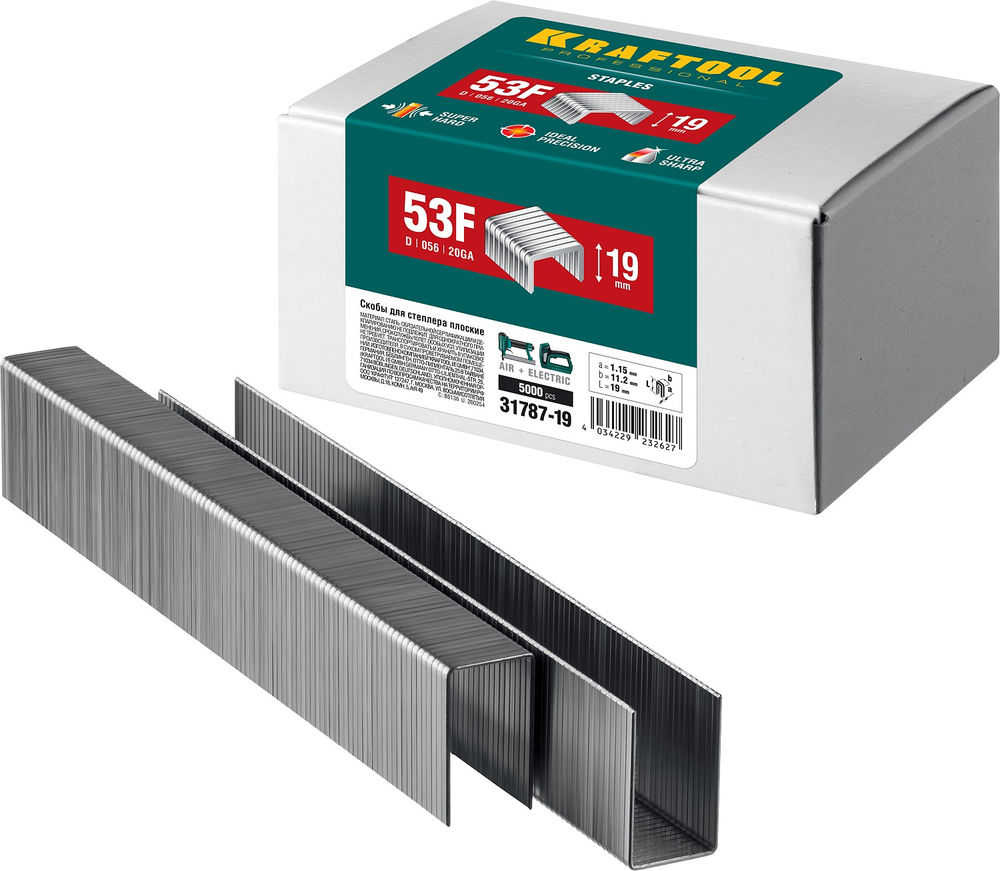 Скобы тип 53F (D/056), 19 мм, калибр 23GA, 5000 шт KRAFTOOL 31787-19