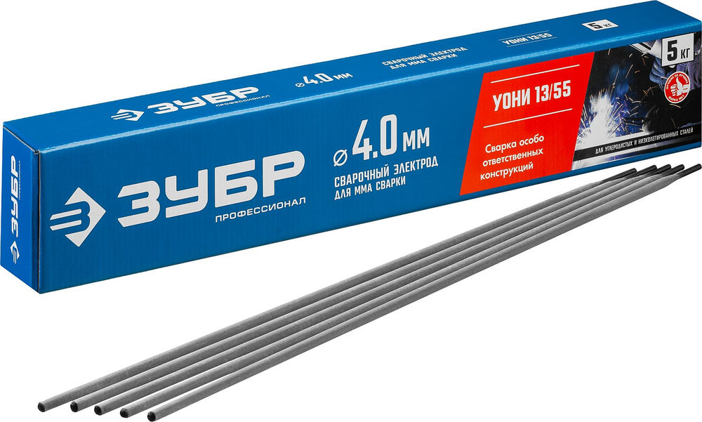 Электрод сварочный УОНИ 13/55 с основным покрытием D 4.0 x 450 мм, 5 кг в коробке ЗУБР Профессионал 40025-4.0
