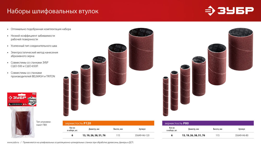 Набор втулок шлифовальных для станка СШО-500 МАСТЕР 6 шт: 13; 19; 26; 38; 51; 76 мм высота 115 мм Р80 ЗУБР 35649-H6-80