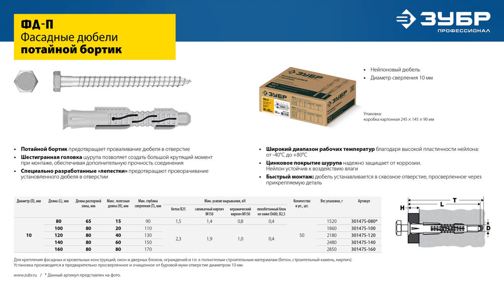 Дюбель фасадный ФД-П 10 x 100 мм, нейлон/цинк, 50 шт ЗУБР 301475-100