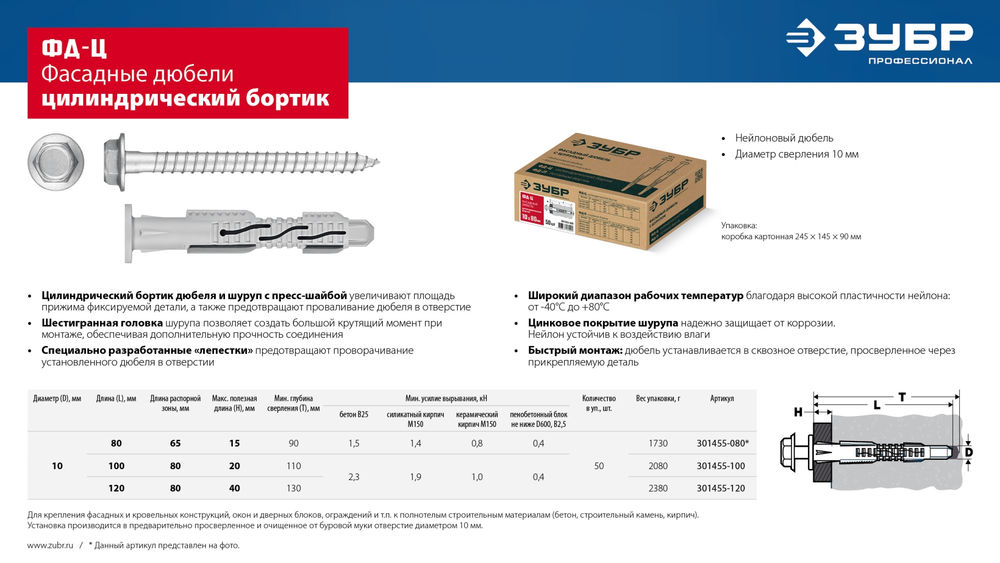 Дюбель фасадный ФД-Ц 10 x 120 мм, нейлон/цинк, 50 шт ЗУБР 301455-120