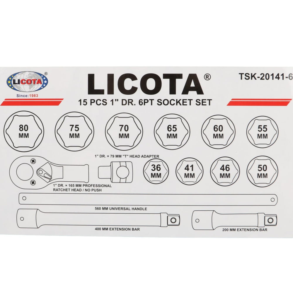 Набор торцевых головок 6-ти гранных, 15 пр., 36-80 мм 1 Licota TSK-20141-6