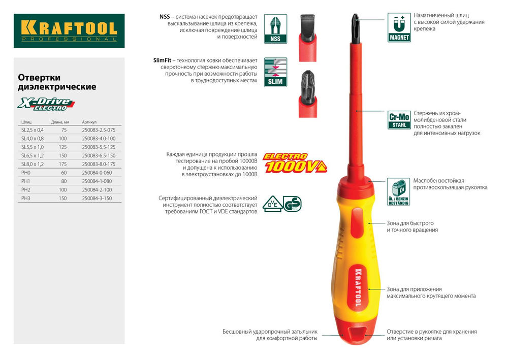 Отвертка высоковольтная PH3 х 150 мм KRAFTOOL 250084-3-150