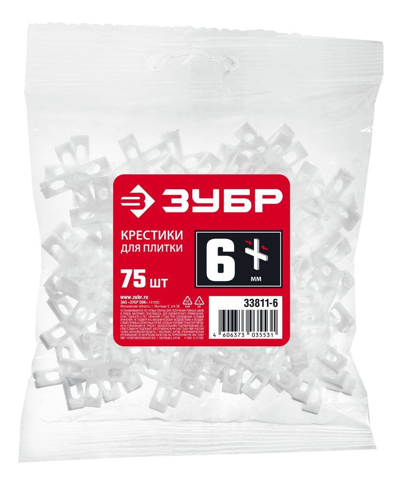 Крестики для плитки 6 мм, 75 шт ЗУБР 33811-6