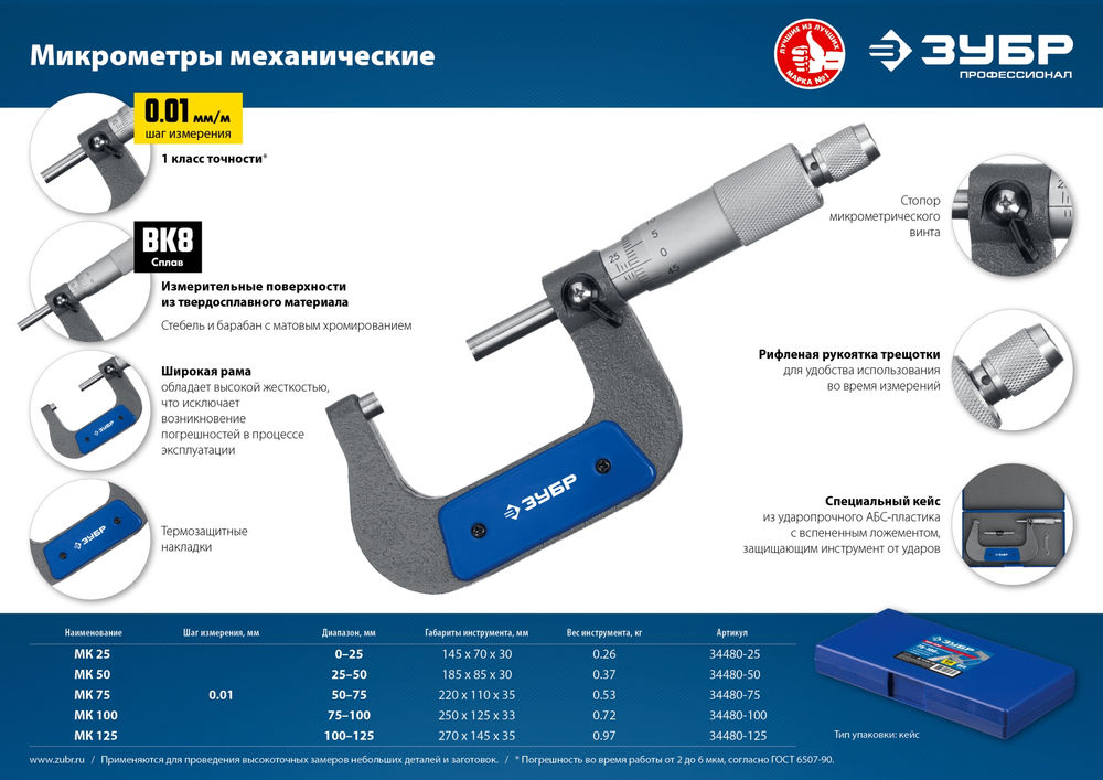 Микрометр механический гладкий МК 100, 75 - 100 мм ЗУБР Профессионал 34480-100_z02
