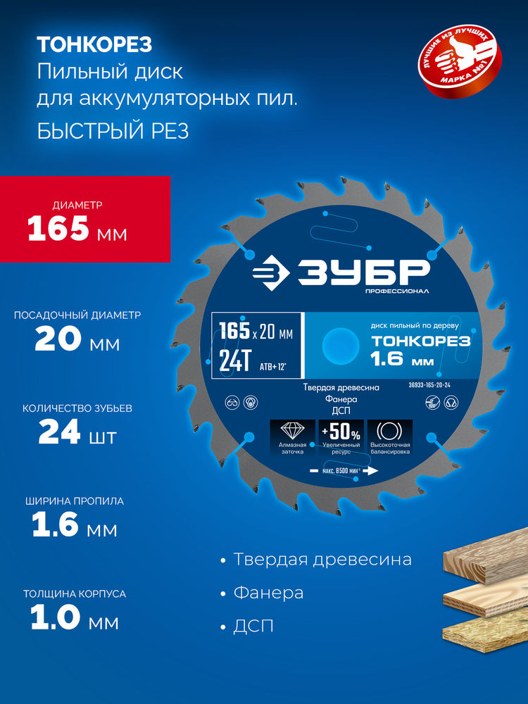 Диск пильный по дереву тонкий рез 165 x 20 x 1.6 мм, 24Т ЗУБР Тонкорез Профессионал 36933-165-20-24