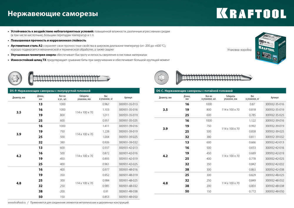 Саморез нержавеющий 13?3.5 мм DS-P А2 сверло полукруглая головка ТХ15 1000 шт KRAFTOOL 300931-35-013